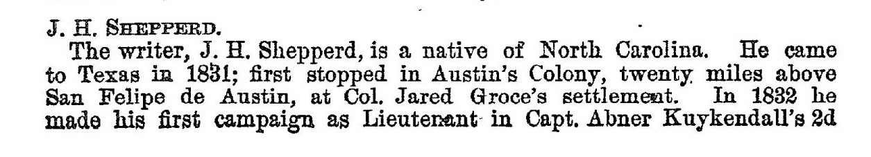 Jacob H. Shepperd in His Own Words Written for the 1872 Texas Almanac